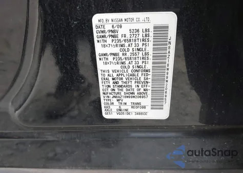 2009 Nissan Murano S z USA, uszkodzony, nr VIN JN8AZ18W99W206957